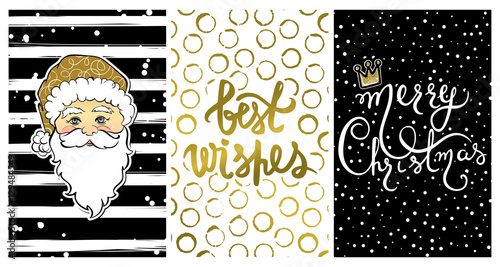Cute collection with Happy New Year 2017 cards. Set with Best wishes-calligraphy print,cartoon Santa Claus. Beautiful festive decoration for christmas holidays 