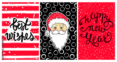 Cute collection with Happy New Year 2017 cards. Set with Best wishes-calligraphy print,cartoon Santa Claus. Beautiful festive decoration for christmas holidays 
