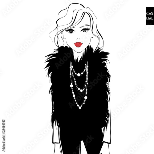 Fashion illustration. Vector girl. Elegant lady. Fashionable women. Trendy design in sketch style. Hand drawn girls in autumn-winter outfit. Beautiful girl in fur coat.Contrast illustration.