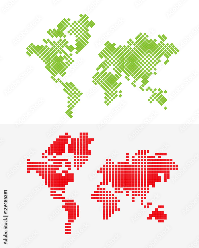 Flat green red world map pixels vector Business globalization