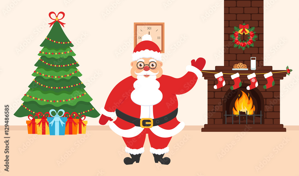 Obraz premium Festive design of the room. Brick fireplace, Christmas wreath, milk and cookies for cute Santa, festive decorated tree and gifts. Illustration in modern flat style. Merry Christmas and Happy New year.