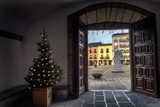Old buildings can be seen through open door next to Christmas tree