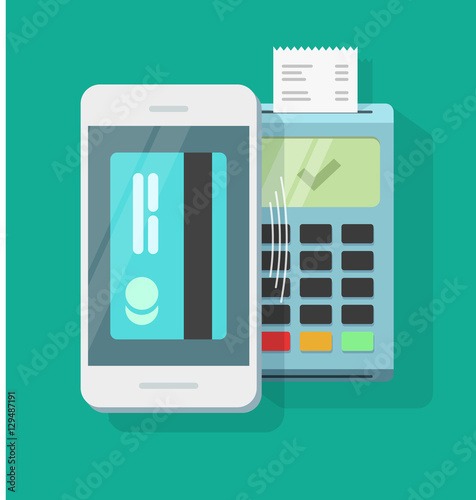 Mobile payment processing wireless technology vector illustration, air pay via mobile phone and nfc pos terminal with receipt, smartphone electronic payment communication, passed transaction