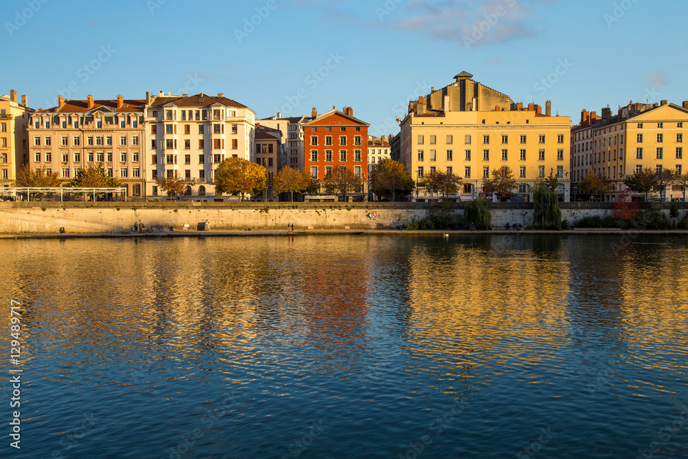 River side buildings in the sun in central Lyon