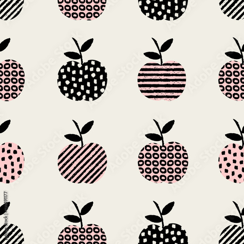 Hand drawn seamless pattern with apples in pink  black and cream.