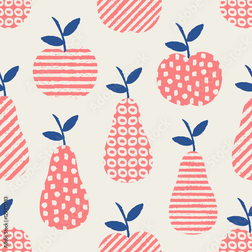 Hand drawn seamless pattern with pears and apples in blue, pink and cream.