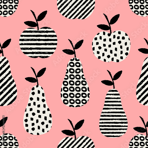 Seamless pattern with pears and apples in black and white on pink background.