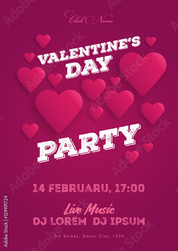 Valentine's Day party invitation flyer. The template for the club, musical evenings. Speech by musicians, DJs. Night festive party. Background with hearts. Vector illustrations