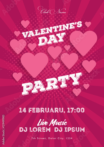 Valentine's Day party invitation flyer. The template for the club, musical evenings. Speech by musicians, DJs. Night festive party. Background with hearts. Vector illustrations