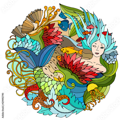 Decorative round element with mermaid, algae, fish. Bright colorful vector illustration. Surreal template.