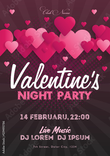 Valentine's Day party invitation flyer. The template for the club, musical evenings. Speech by musicians, DJs. Night festive party. Background with hearts. Vector illustrations