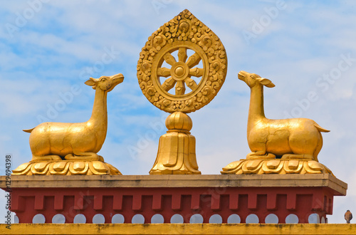Gold wheel of regenerations and fallow deer on Buddhist temple i