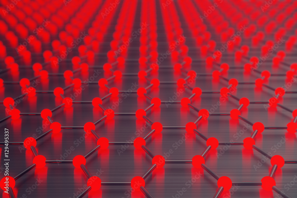 Fototapeta premium 3d rendering red abstract nanotechnology hexagonal geometric form close-up, concept graphene atomic structure, concept graphene molecular structure.