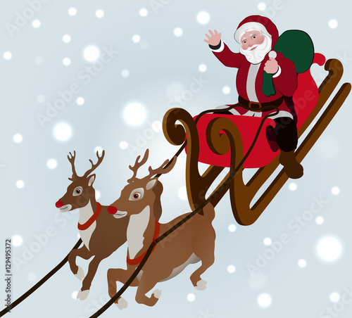 Santa Claus and two reindeer on a sled