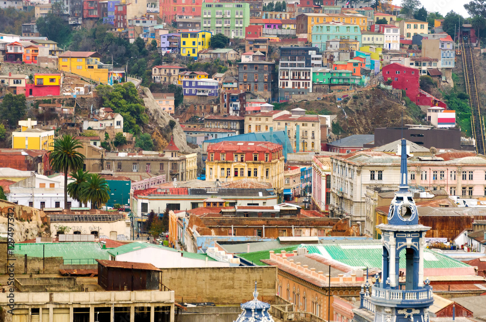 View of the old city of Valparaiso, Chile from below