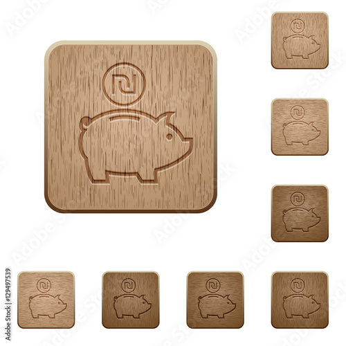 Israeli new Shekel piggy bank wooden buttons