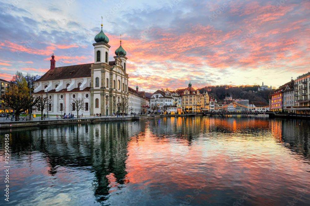 Sunset over the old town of Lucerne, Switzerland