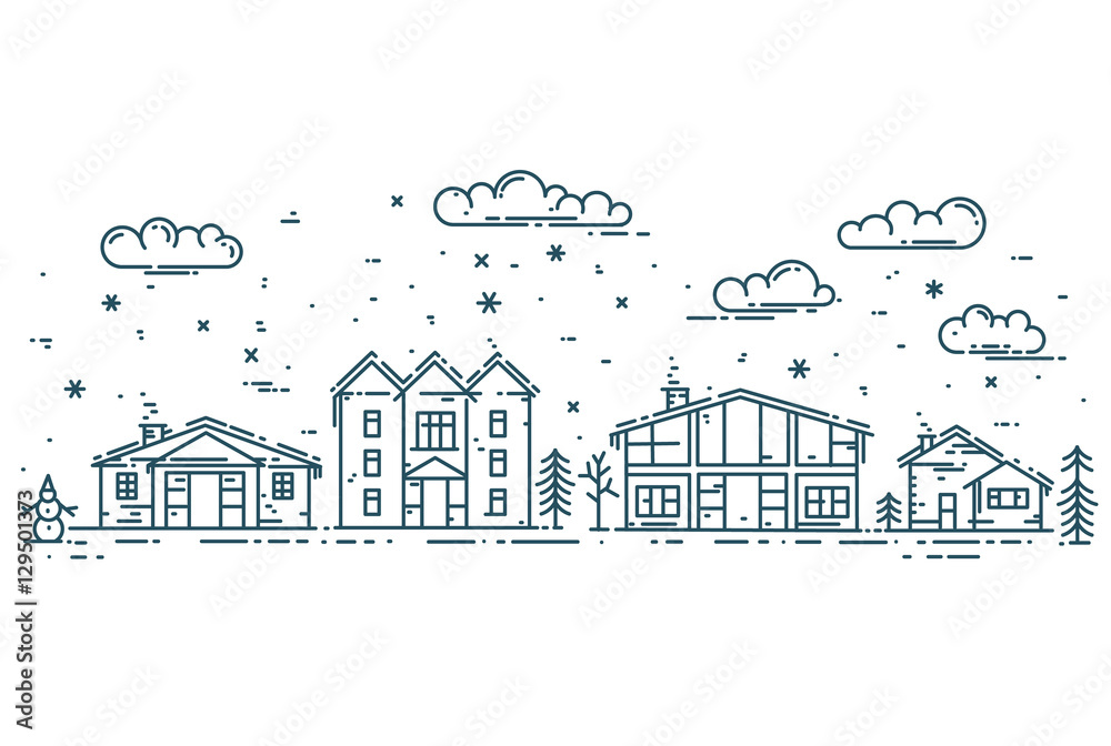 Winter Cityscape. Vector illustration with houses, clouds and snow