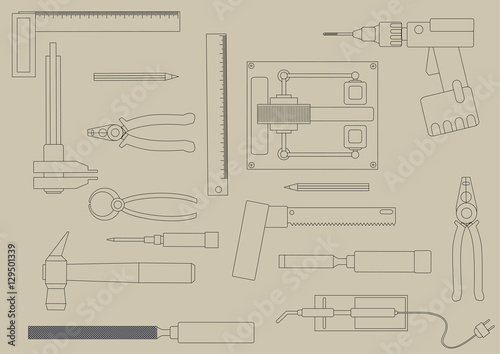 A set of hand tools for productive work. Production on the drawing model. Vector illustration.