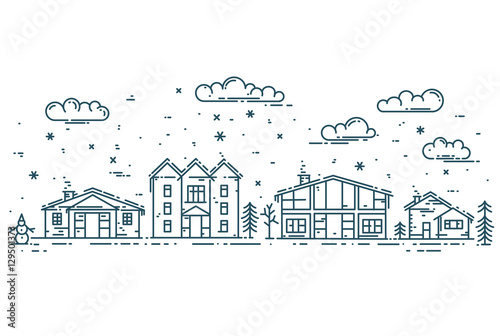 Winter Cityscape. Vector illustration with houses, clouds and snow