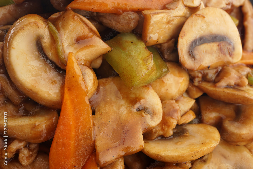 Chinese food. Pork with mushrooms and vegetables Chinese food. Pork with mushrooms and vegetables