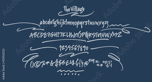 The Village handwritten font. Textured brush script with uppercase, lowercase, numbers and some punctuations symbols