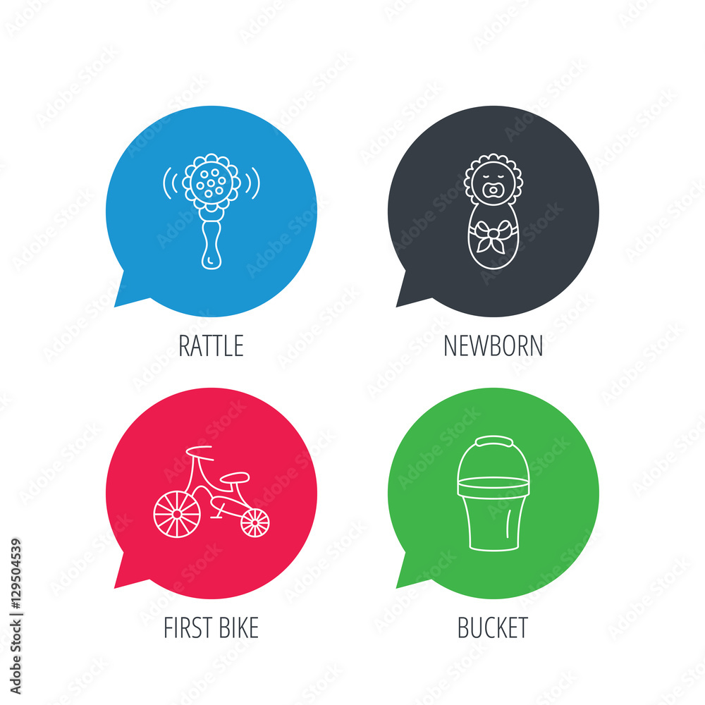 Colored speech bubbles. Newborn, rattle and first bike icons. Newborn child, bucket linear signs. Flat web buttons with linear icons. Vector
