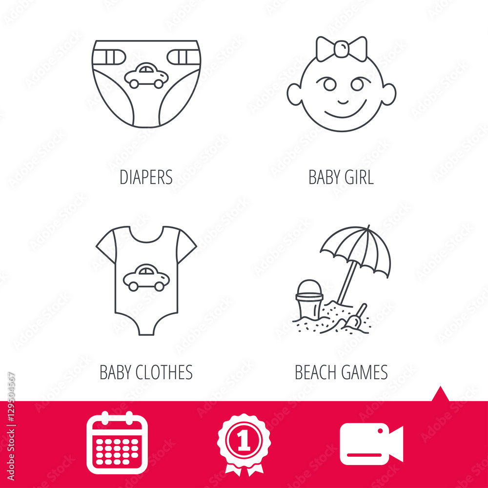 Achievement and video cam signs. Newborn clothes, diapers and baby girl icons. Beach games linear sign. Calendar icon. Vector