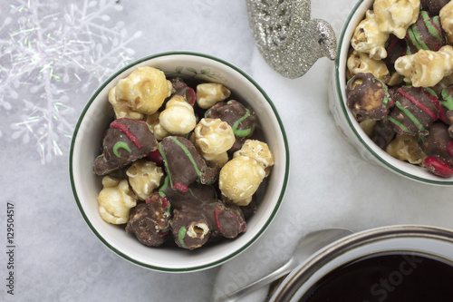 Christmas Coffee and Candied Popcorn in Holiday Bowls