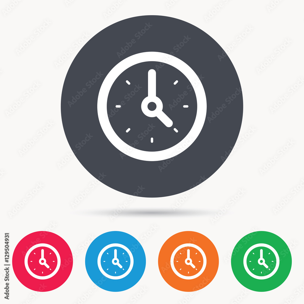 Clock icon. Mechanical watch symbol. Colored circle buttons with flat web icon. Vector Clock icon. Mechanical watch symbol. Colored circle buttons with flat web icon. Vector