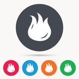 Fire icon. Blazing bonfire flame symbol. Colored circle buttons with flat web icon. Vector