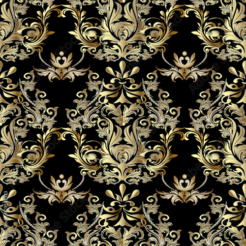 Baroque seamless pattern. Damask wallpaper. Ornate floral background with antique decorative 3d flowers,leaves and baroque ornaments. Vector fabric textile pattern.
