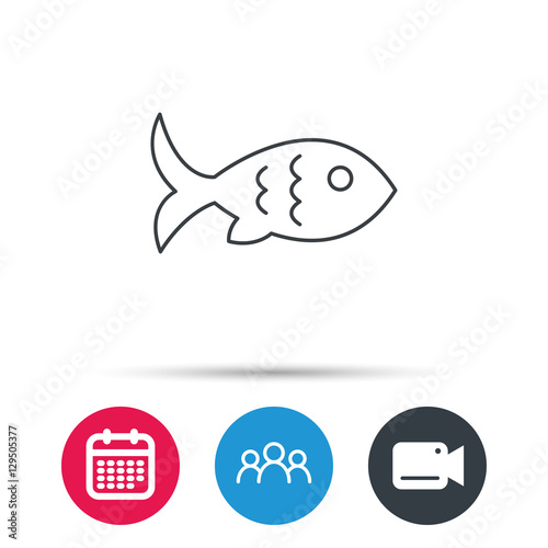 Fish with fin and scales icon. Seafood sign. Vegetarian food symbol. Group of people  video cam and calendar icons. Vector