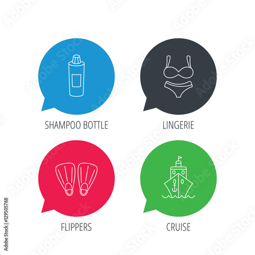 Colored speech bubbles. Cruise, swimming flippers and lingerie icons. Shampoo bottle linear sign. Flat web buttons with linear icons. Vector