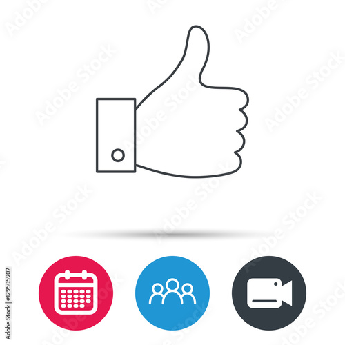 Thumb up like icon. Super cool vote sign. Social media symbol. Group of people, video cam and calendar icons. Vector