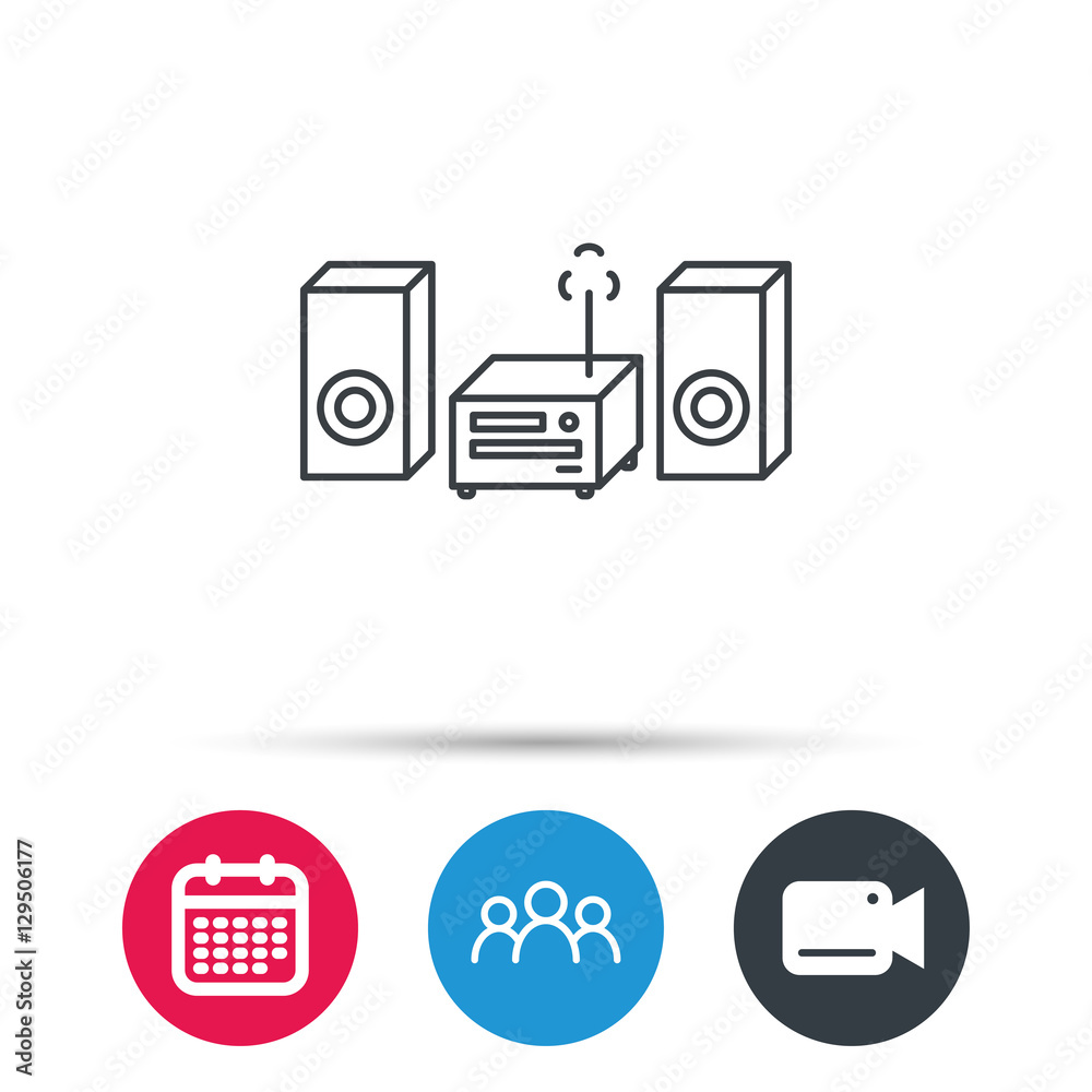 Music center icon. Stereo system sign. Group of people, video cam and calendar icons. Vector