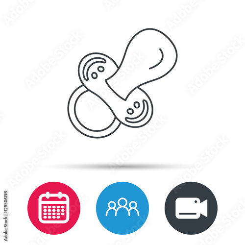 Pacifier icon. Nipple or dummy sign. Newborn child relax equipment symbol. Group of people, video cam and calendar icons. Vector