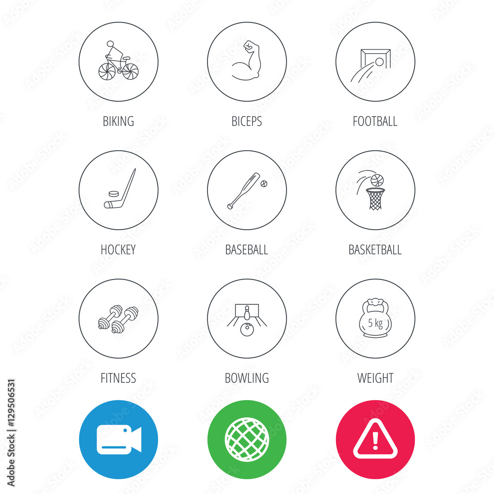 Ice hockey, football and basketball icons. Fitness sport, baseball and bowling linear signs. Biking, weightlifting icons. Video cam, hazard attention and internet globe icons. Vector Ice hockey, football and basketball icons. Fitness sport, baseball and bowling linear signs. Biking, weightlifting icons. Video cam, hazard attention and internet globe icons. Vector