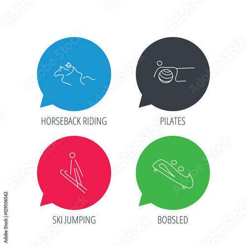 Colored speech bubbles. Pilates, bobsled and horseback riding icons. Ski jumping linear sign. Flat web buttons with linear icons. Vector