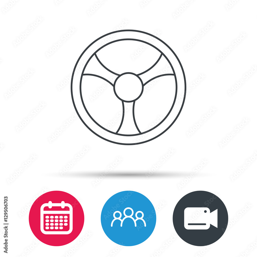 Steering wheel icon. Car drive control sign. Group of people, video cam and calendar icons. Vector Steering wheel icon. Car drive control sign. Group of people, video cam and calendar icons. Vector