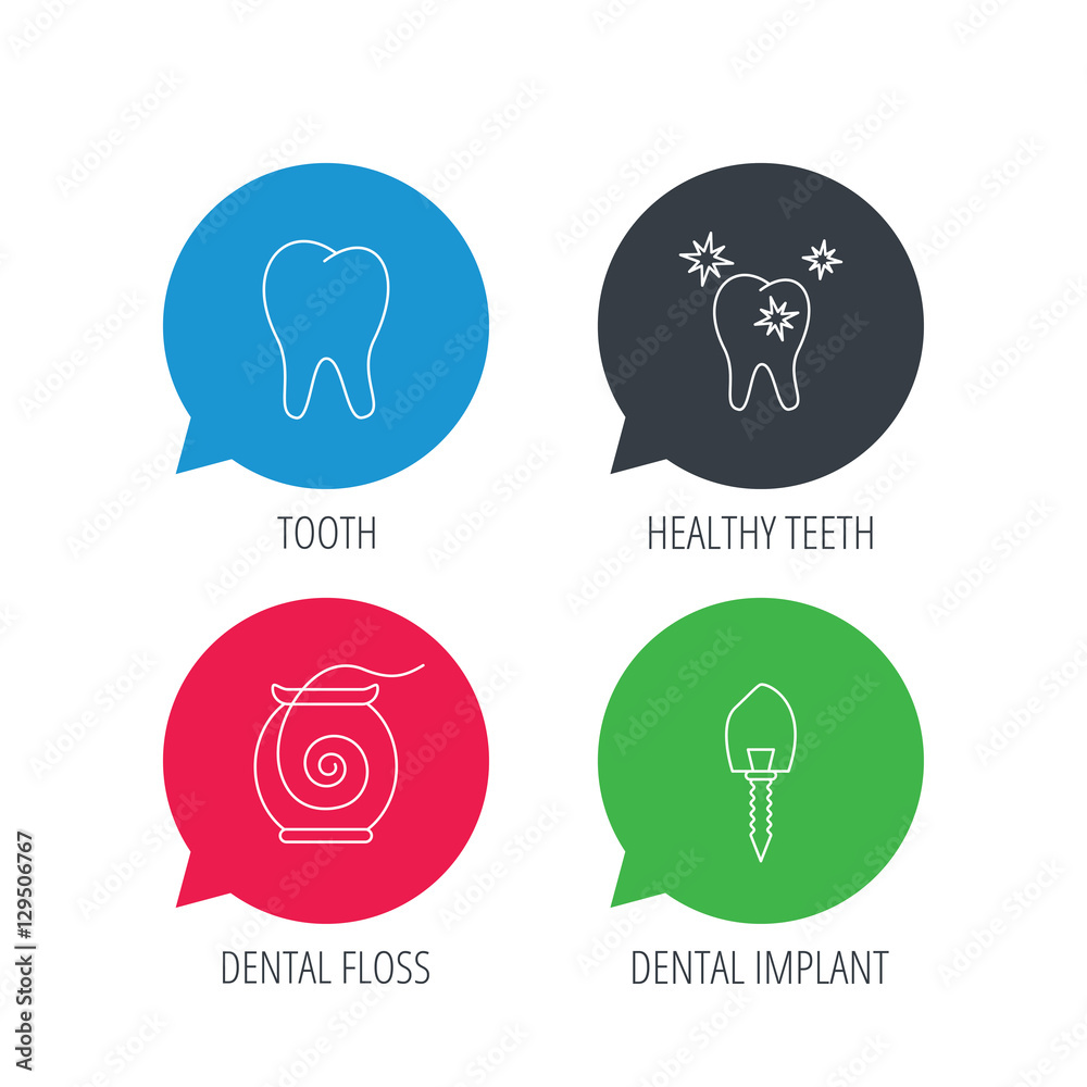 Colored speech bubbles. Tooth, healthy teeth and dental implant icons. Dental floss linear sign. Flat web buttons with linear icons. Vector