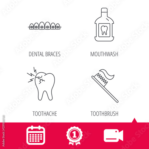 Achievement and video cam signs. Toothache, dental braces and mouthwash icons. Toothbrush linear sign. Calendar icon. Vector