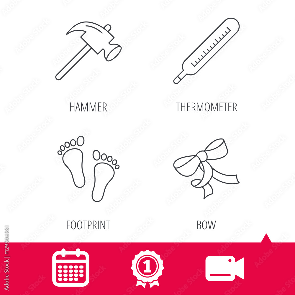 Achievement and video cam signs. Footprint, bow and thermometer icons. Hammer linear sign. Calendar icon. Vector Achievement and video cam signs. Footprint, bow and thermometer icons. Hammer linear sign. Calendar icon. Vector