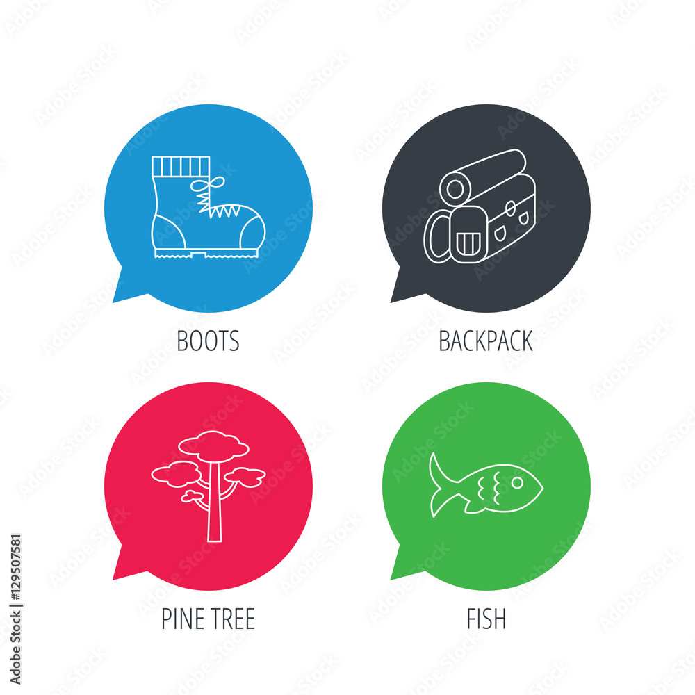 Colored speech bubbles. Pine tree, fish and hiking boots icons. Bonfire linear sign. Flat web buttons with linear icons. Vector Colored speech bubbles. Pine tree, fish and hiking boots icons. Bonfire linear sign. Flat web buttons with linear icons. Vector