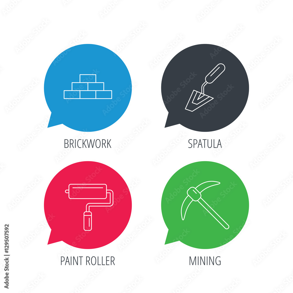Fototapeta premium Colored speech bubbles. Brickwork, spatula and mining icons. Paint roller linear sign. Flat web buttons with linear icons. Vector