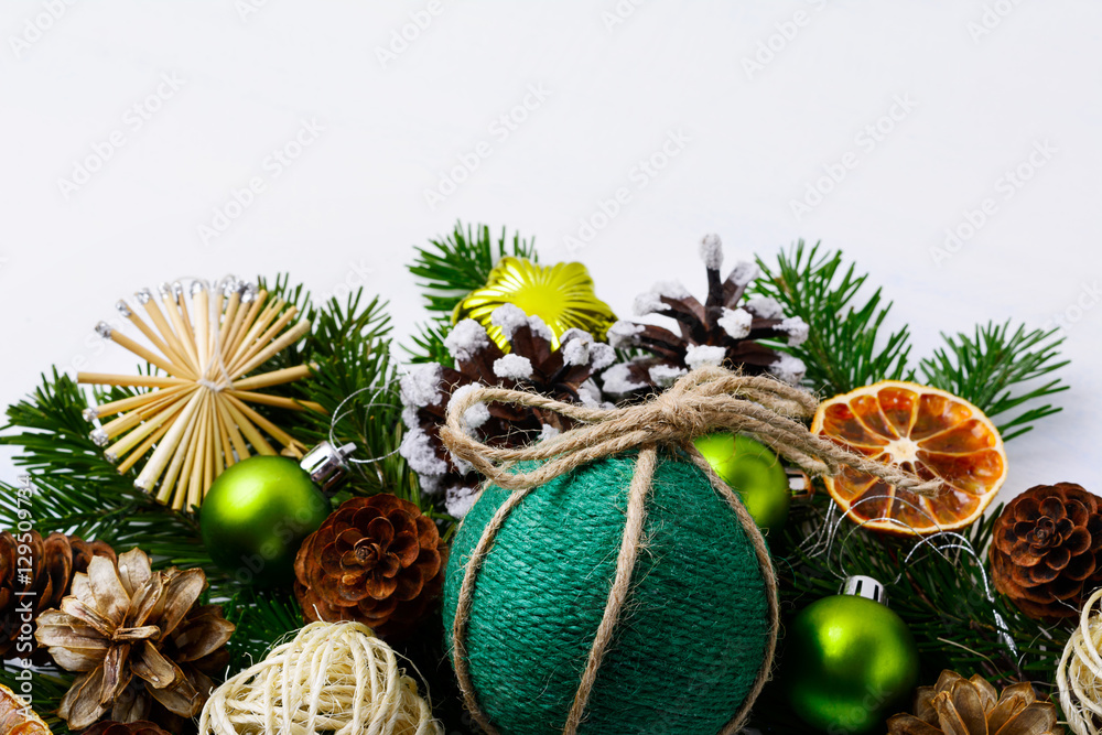 Christmas decoration with handmade twine decorated bauble