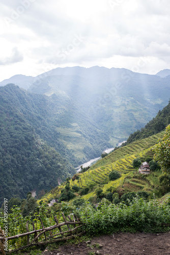 View on the way from Gurjung to Chomrong, Annapurna mountain range at Himalaya Nepal