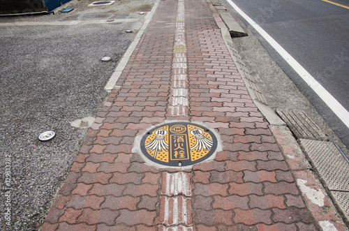 Art design symbol of Saitama city on Manhole cover at footpath b photo