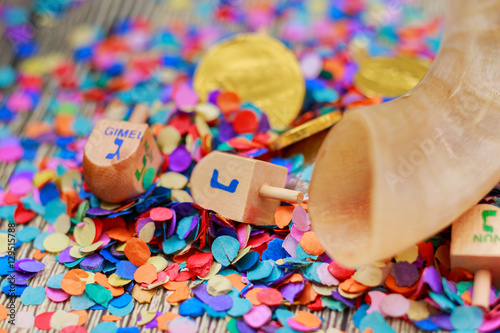 Jewish holiday Dreidel still life composed of elements the Chanukah Hanukkah festival. photo