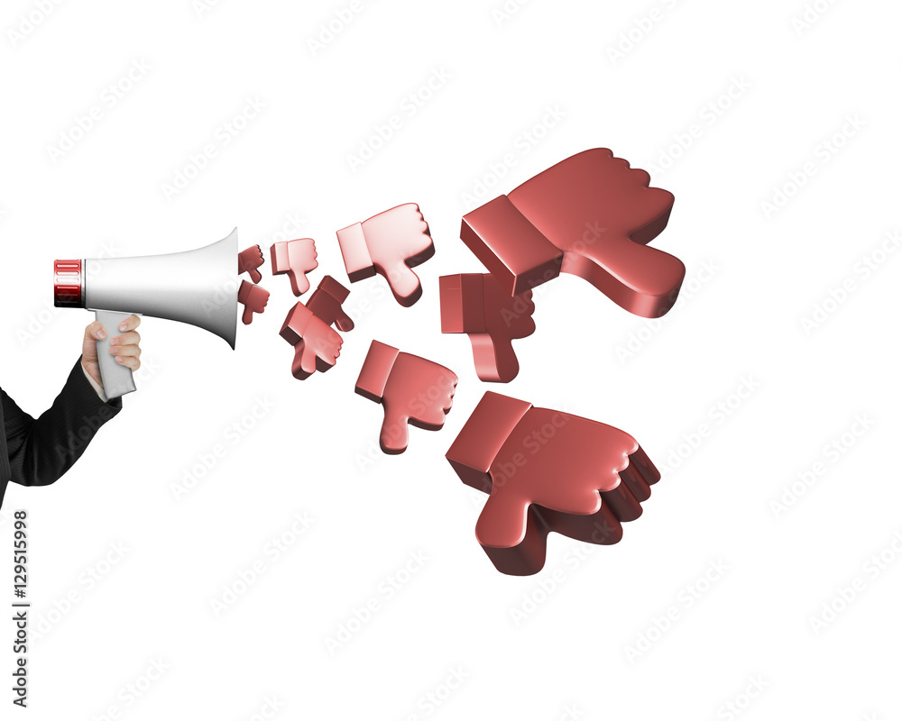 Hand hold megaphone with 3D thumbs down spraying out Hand hold megaphone with 3D thumbs down spraying out